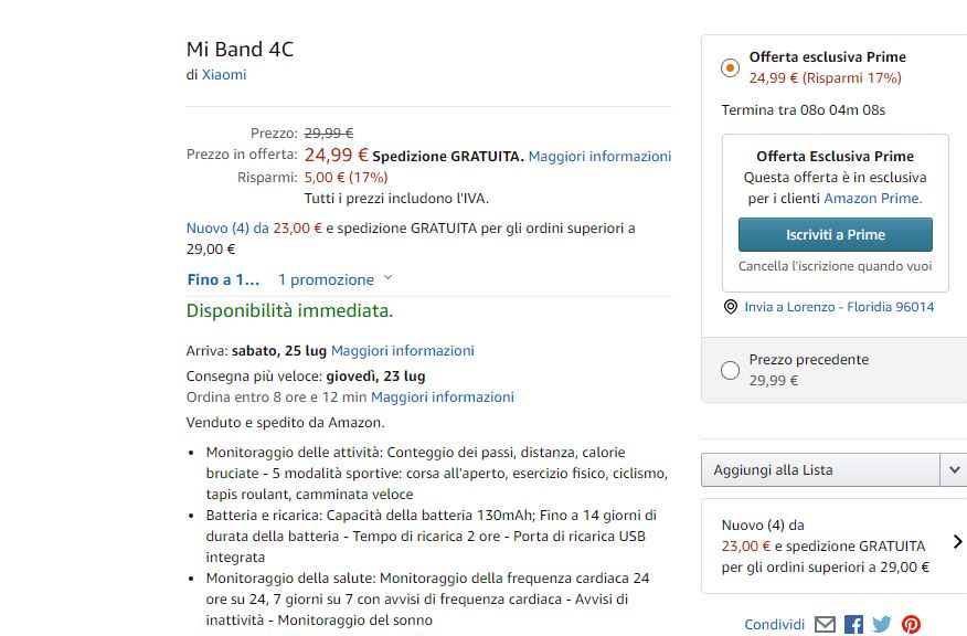 Xiaomi Mi Band 4C offerta amazon